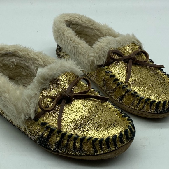 J. Crew | Shoes | J Crew Gold Metallic Lodge Moc Leather Slippers | Poshmark